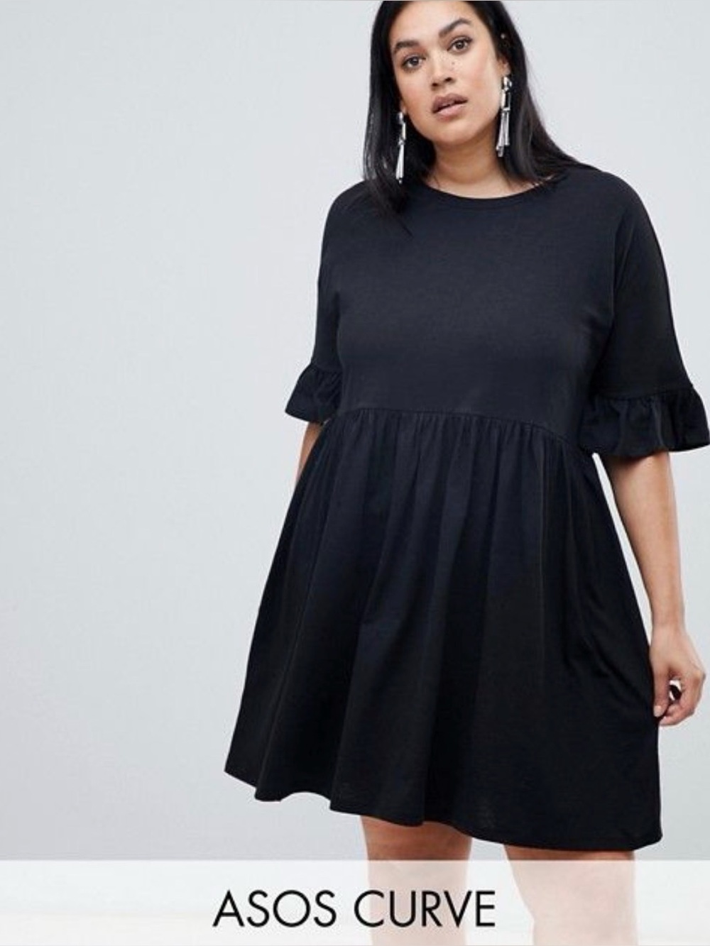 Women's Black Cotton Babydoll Dress with Ruffle Sleeves